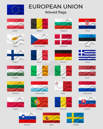 Ilustración de Banderas de la Unión Europea. Banderas onduladas de la UE. Nación europea, conjunto de banderas. Banderas Europa, símbolo - Imagen libre de derechos