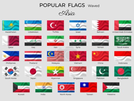 Illustration for Waved flags of Asiatic countries. Asia flag icon set. 3d waved design. Korea Singapore India China Vector isolated - Royalty Free Image