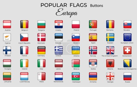 Illustration for 40 buttons flags of European countries. Europe flag icon set. 3d square design. Official coloring. Vector isolated - Royalty Free Image