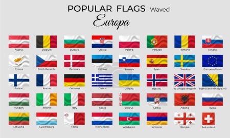 Waved flags of European countries. Europe flag icon set. 3d waved design. Official coloring. Vector isolated