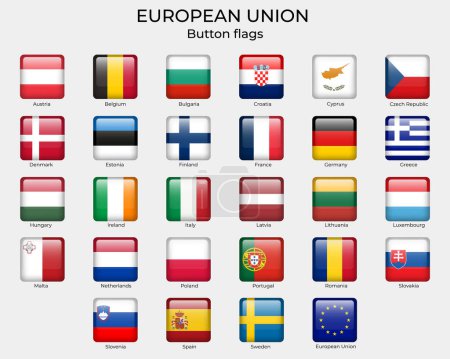 Téléchargez les illustrations : Union européenne Drapeaux carrés 3d. Bouton drapeaux de l'UE. Ensemble de drapeaux carrés. Europa drapeaux, icônes. - en licence libre de droit