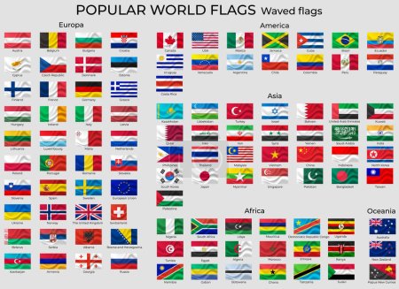 Vector schwenkte Flaggen der Welt mit offizieller RGB-Färbung und detaillierten Emblemen. Weltweit populäre Flaggen gesetzt.