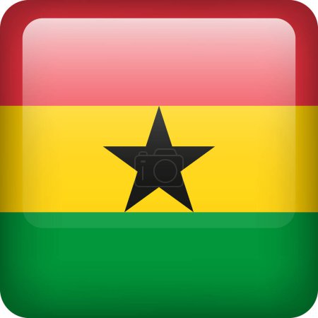 Ilustración de 3d vector Ghana bandera botón brillante. Emblema nacional ghanés. Icono cuadrado con bandera de Ghana - Imagen libre de derechos