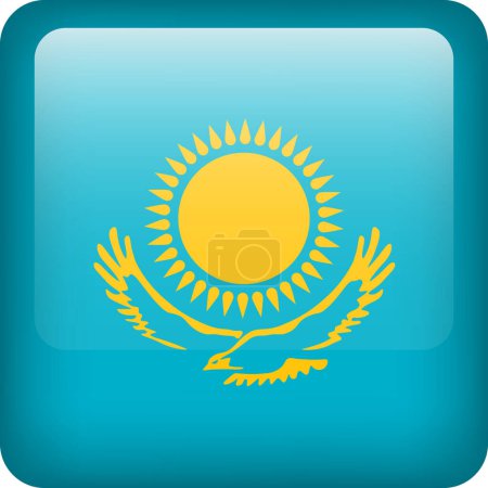 Illustration for 3d vector Kazakhstan flag glossy button. Kazakh national emblem. Square icon with flag of Kazakhstan - Royalty Free Image