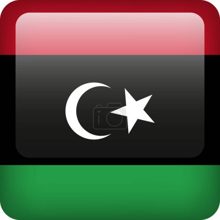 Ilustración de 3d vector Libia bandera botón brillante. Emblema nacional libio. Icono cuadrado con bandera de Libia - Imagen libre de derechos