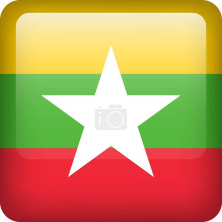 Ilustración de 3d vector Myanmar bandera brillante botón. Emblema nacional de Myanmar. Icono cuadrado con bandera de Myanmar - Imagen libre de derechos
