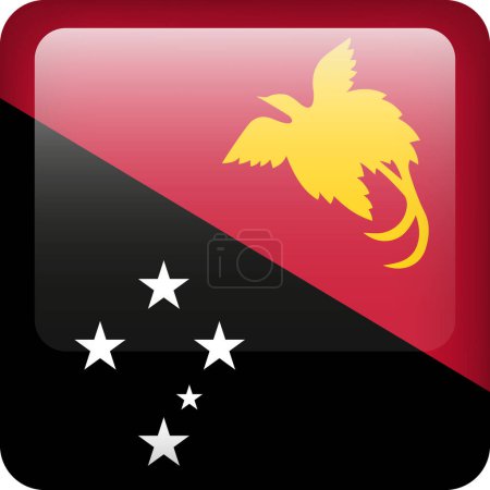 Illustration for 3d vector Papua New Guinea flag glossy button. Papua New Guinea national emblem. Square icon of New Guinea - Royalty Free Image