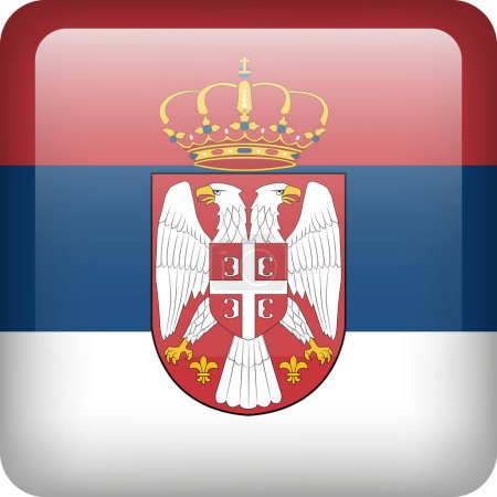 Illustration for 3d vector Serbia flag glossy button. Serbian national emblem. Square icon with flag of Serbia - Royalty Free Image