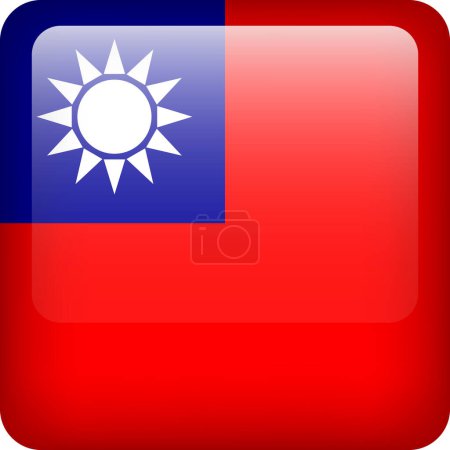 Illustration for 3d vector Taiwan flag glossy button. Taiwanese national emblem. Square icon with flag of Taiwan - Royalty Free Image