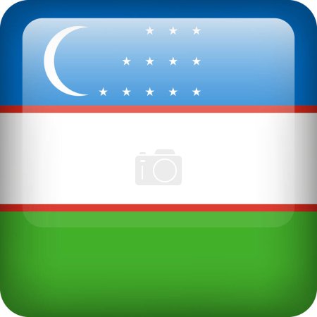 Illustration for 3d vector Uzbekistan flag glossy button. Uzbek national emblem. Square icon with flag of Uzbekistan - Royalty Free Image