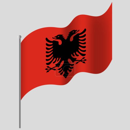 Illustration for Waved Albania flag. Albania flag on flagpole. Vector emblem of Albania - Royalty Free Image