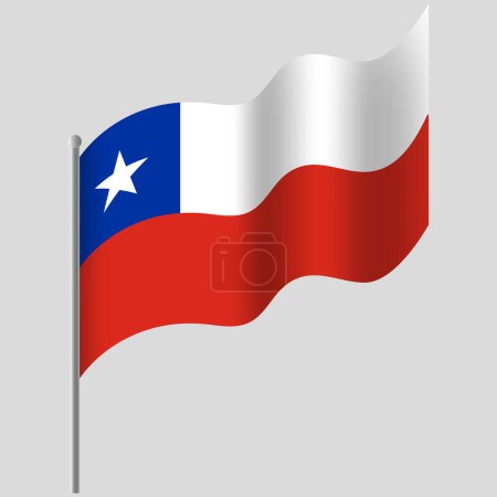 Illustration for Waved Chile flag. Chilean flag on flagpole. Vector emblem of Chile - Royalty Free Image