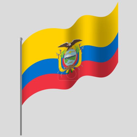 Illustration for Waved Ecuador flag. Ecuador flag on flagpole. Vector emblem of Ecuador - Royalty Free Image