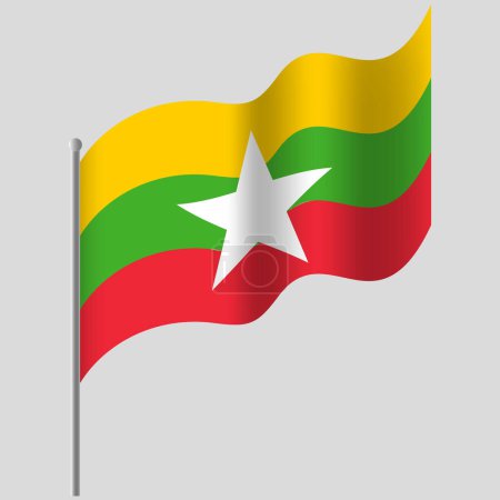 Ilustración de Ondeó la bandera de Myanmar. Bandera de Myanmar en asta de bandera. emblema vectorial de Myanmar - Imagen libre de derechos