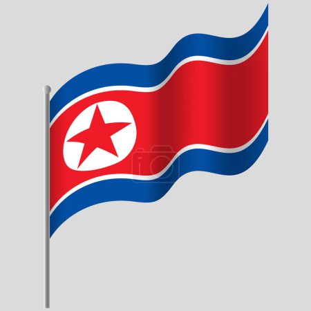 Ilustración de Ondeó la bandera de Corea del Norte. Bandera coreana en asta de bandera. emblema vectorial de Corea del Norte - Imagen libre de derechos