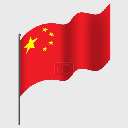 Illustration for Waved China flag. Chinese flag on flagpole. Vector emblem of China - Royalty Free Image