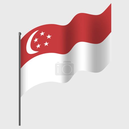 Ilustración de Ondeó la bandera de Singapur. Bandera de Singapur en asta de bandera. emblema vectorial de Singapur - Imagen libre de derechos