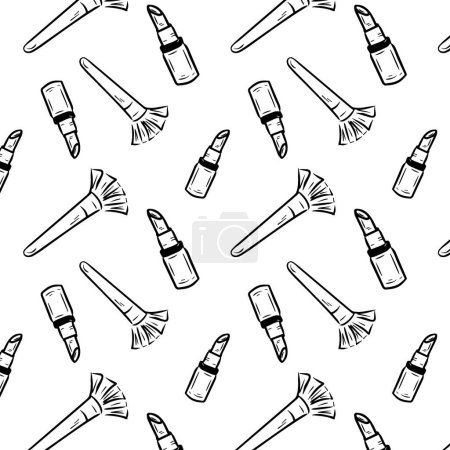 Illustration for Seamless black and white pattern with cosmetics and accessories. Hand drawn vector cosmetic doodles - Royalty Free Image