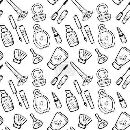 Illustration for Seamless black and white pattern with cosmetics and accessories. Hand drawn vector cosmetic doodles - Royalty Free Image