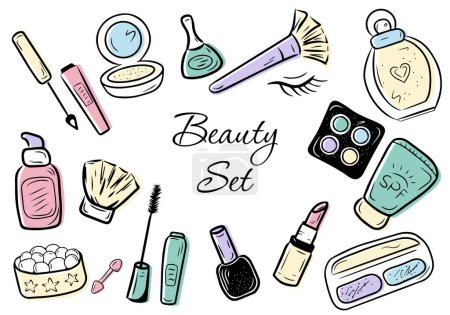 Illustration for Set of Skincare and Make-up products. Beauty and Cosmetic doodle icons collection. Vector illustration. - Royalty Free Image
