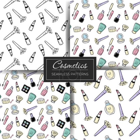 Illustration for Set of seamless cosmetics patterns. Black and white pattern with cosmetics. Hand drawn cosmetic doodle - Royalty Free Image