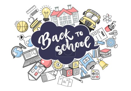 Illustration for Back to school banner, poster. Cartoon school wallpaper. Concept of school background. - Royalty Free Image