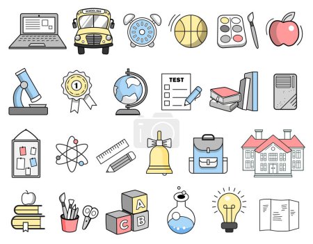 Illustration for Vector set of school icons. Cartoon icons education, school. - Royalty Free Image