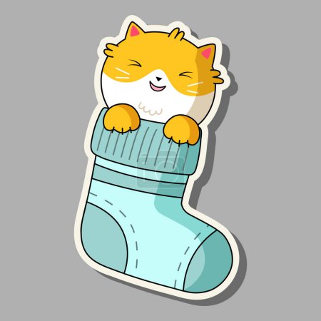 Téléchargez les illustrations : Chaton mignon dans le style kawaii. Sticker dessin animé chat dans une chaussette. Illustration vectorielle chat. - en licence libre de droit