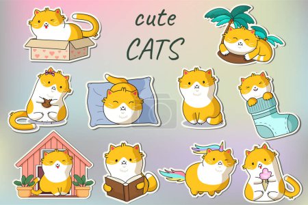 Illustration for Cute Kawaii Cats in funny poses - vector set. Funny cartoon cats print or sticker design. Adorable kawaii pet animals. - Royalty Free Image