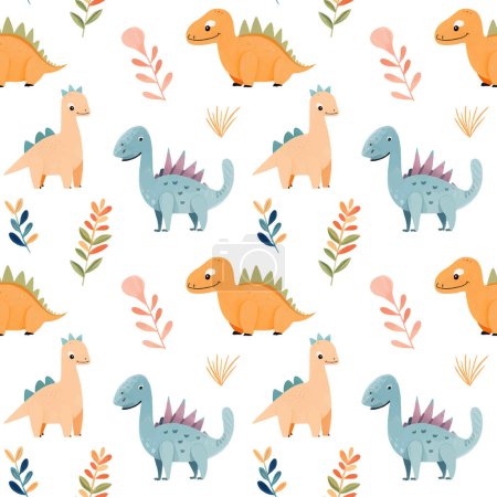 Ilustración de Patrón sin costuras de dinosaurios coloridos lindos con elementos florales. Estampado infantil - Imagen libre de derechos
