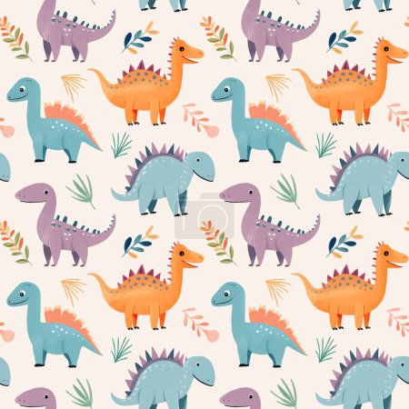 Téléchargez les illustrations : Modèle sans couture de dinosaures colorés mignons avec des éléments floraux. Empreinte pour enfants - en licence libre de droit