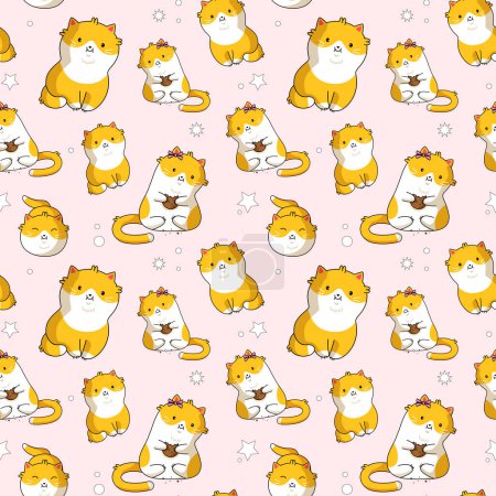 Illustration for Seamless pattern with funny cats and stars. Cute hand drawn kitten. - Royalty Free Image