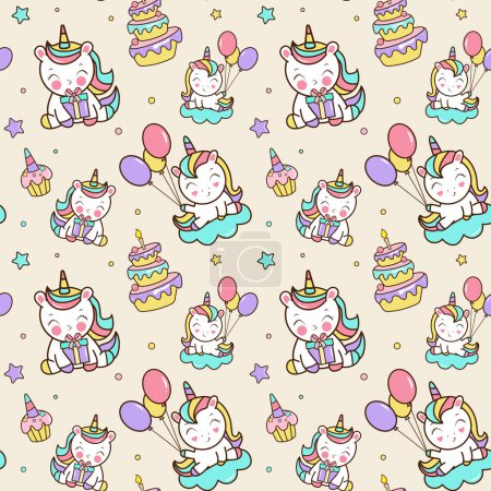 Illustration for Seamless pattern with unicorns, cakes, stars, confetti. Vector background in cartoon style for birthaday party. - Royalty Free Image