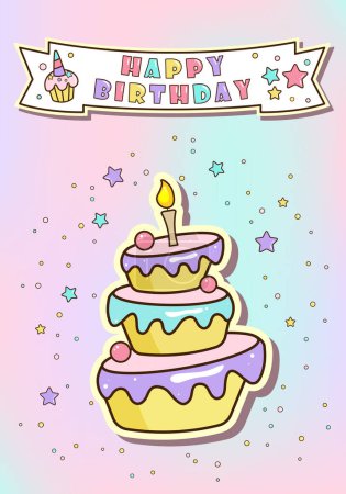 Téléchargez les illustrations : Joyeux anniversaire carte avec gâteau de dessin animé mignon. Design coloré. Illustration vectorielle - en licence libre de droit