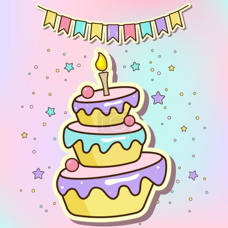 Illustration for Cartoon cake illustration with candle, colorfull flags. Vector doodle happy birhday party. - Royalty Free Image
