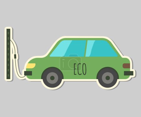 Illustration for Ecology sticker with electric car. Love our earth, save planet. Eco labels. Care for nature - Royalty Free Image