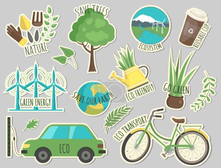 Illustration for Ecology stickers. Collection of ecology stickers with slogans. Love our earth, save energy. Eco labels. Care for nature - Royalty Free Image