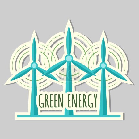 Illustration for Ecology sticker with wind turbine. Windmill icon. Alternative energy. Save energy, save planet. Eco label. - Royalty Free Image