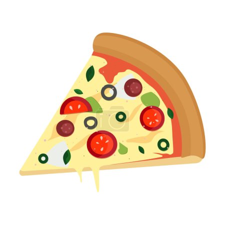 Illustration for Pizza slice with melted cheese, tomato, olive, sausage, onion, basil - Royalty Free Image