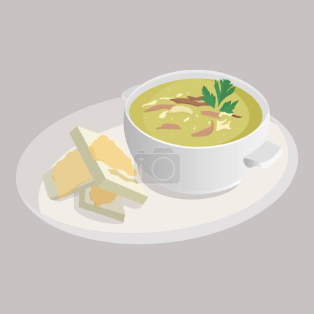 Illustration for Hot soup in white dish and sandwiches. Vector illustration isolated. - Royalty Free Image