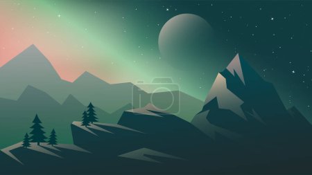 Ilustración de Cielo nocturno estrellado y luna. Montañas en el paisaje de las luces del norte. Ilustración vectorial naturaleza un paisaje de montaña - Imagen libre de derechos