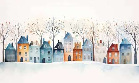 Illustration for Scandinavian houses and trees. Cute Scandi watercolor homes. European street. Childish vector illustration - Royalty Free Image