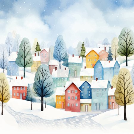Illustration for Scandinavian houses and trees. Hand drawn childish vector illustration. Cute Scandi watercolor homes. European street. - Royalty Free Image