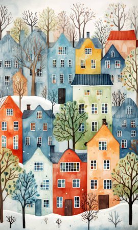 Illustration for Cute scandi watercolor houses. Scandinavian homes and trees. Childish vector illustration. European street. - Royalty Free Image