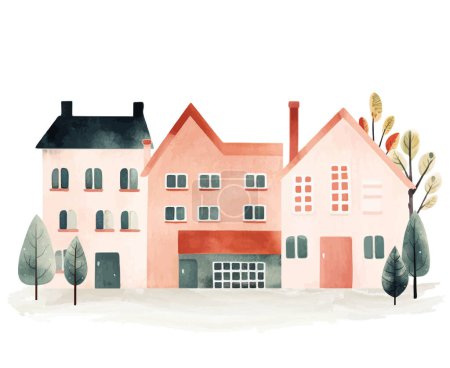Illustration for Scandinavian houses and trees. European street. Cute Scandi watercolor homes. Childish vector illustration - Royalty Free Image