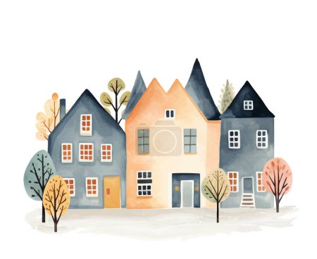 Illustration for Scandinavian houses and trees. Cute Scandi watercolor homes. European building exterior. Childish vector illustration - Royalty Free Image