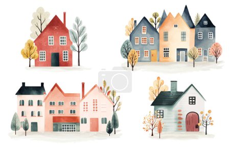 Illustration for Set of scandinavian cards houses and trees. European street. Cute scandi watercolor homes. Childish illustration - Royalty Free Image