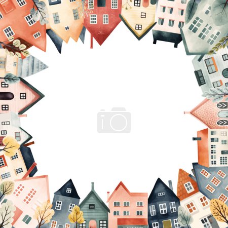 Ilustración de Marco de paisaje urbano, casas escandinavas. Ciudad europea, marco con casas para su diseño, plantilla. - Imagen libre de derechos