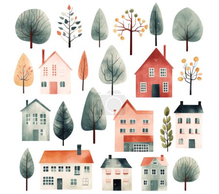 Illustration for Cute childish buildings and trees isolated on white. Set of watercolor scandinavian houses. Trendy scandi background - Royalty Free Image