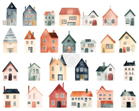 Téléchargez les illustrations : Ensemble de maisons scandinaves aquarelle. Batiments européens enfantins mignons. Éléments vectoriels scandinaves tendance - en licence libre de droit
